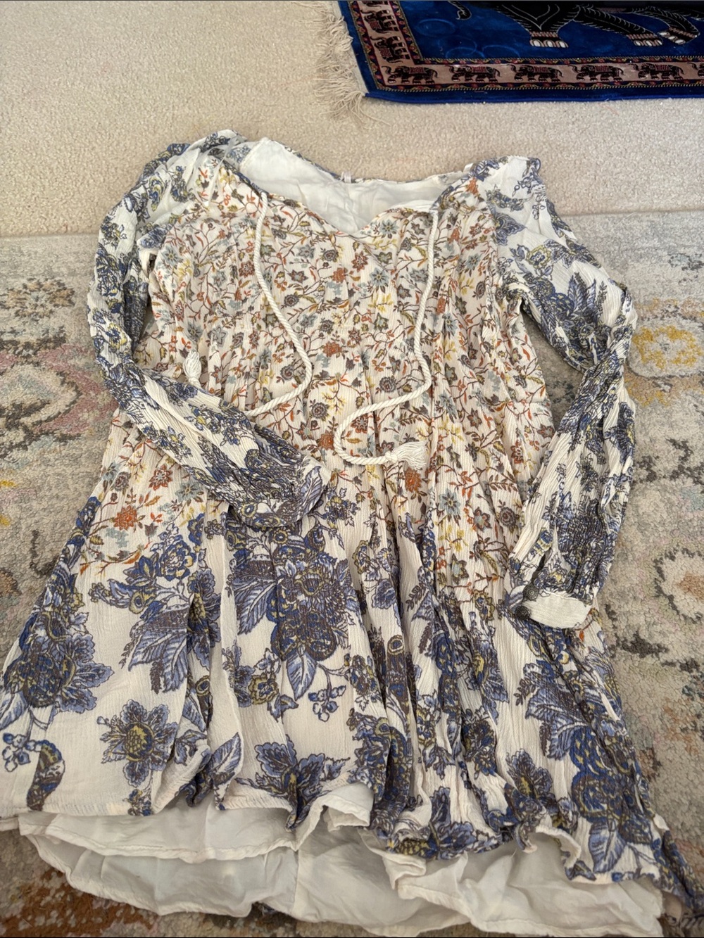 Free People White Floral Mini Dress with Blue & Brown Print